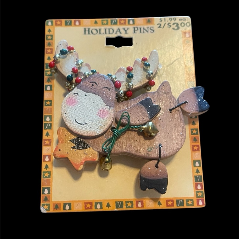 Vtg Wooden Christmas Articulatd Reindeer Brooch Lapel Pin Bells Hand Painted NWT